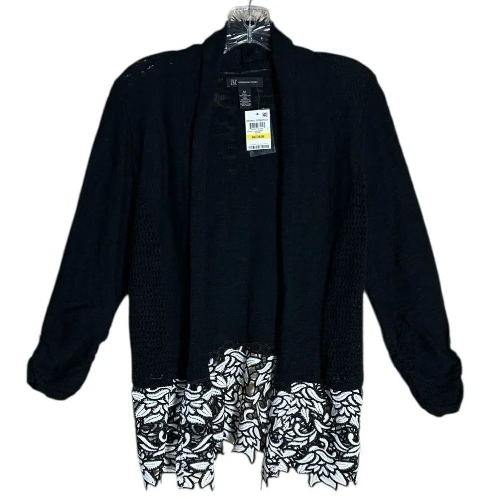NEW INC International Concepts Black Cardigan with White Floral Hem